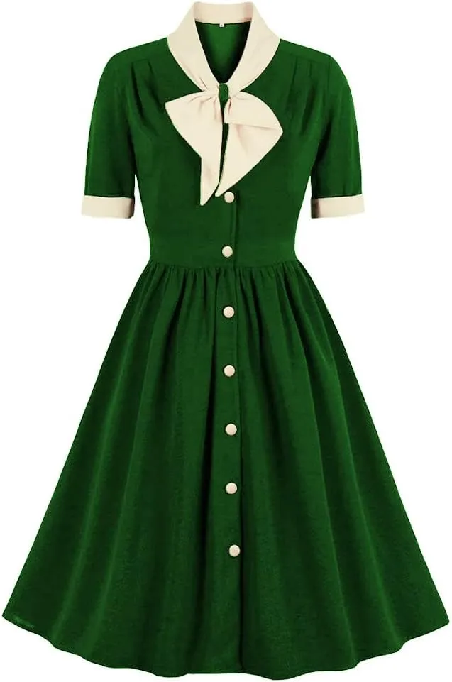 1950s Dresses for Women Vintage Rockabilly Retro Short Sleeve Tie Midi Dress Cocktail Party Evening Prom Gown