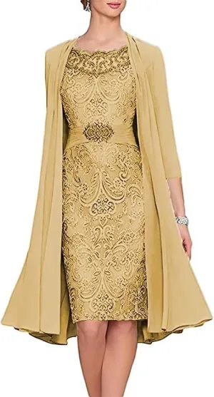 2 Pieces Tea Length Mother of The Bride Dresses with Jackets Lace Formal Evening Dress for Wedding