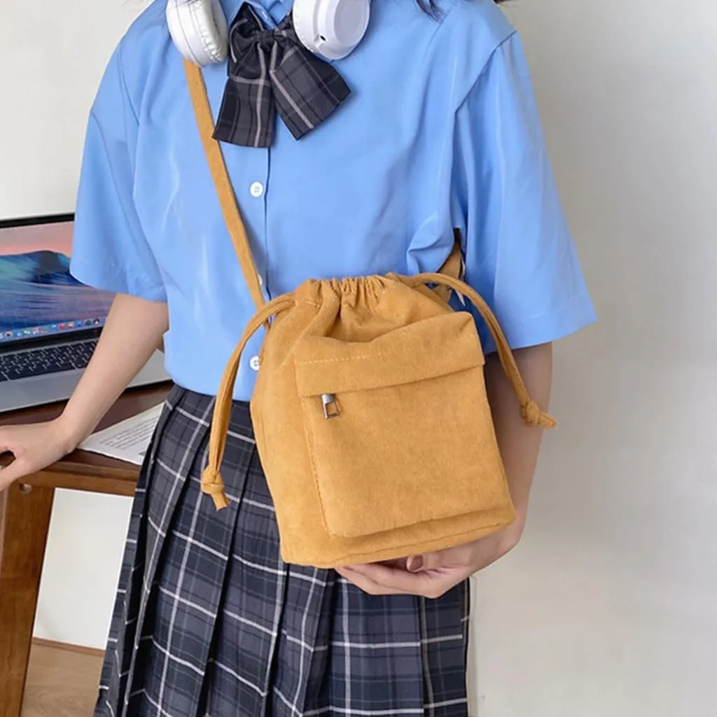 2023 Drawstring Bucket Bags Simple Fashion Bag Crossbody Bag Corduroy Shoulder Bag Versatile Travel Bag for Women Girl