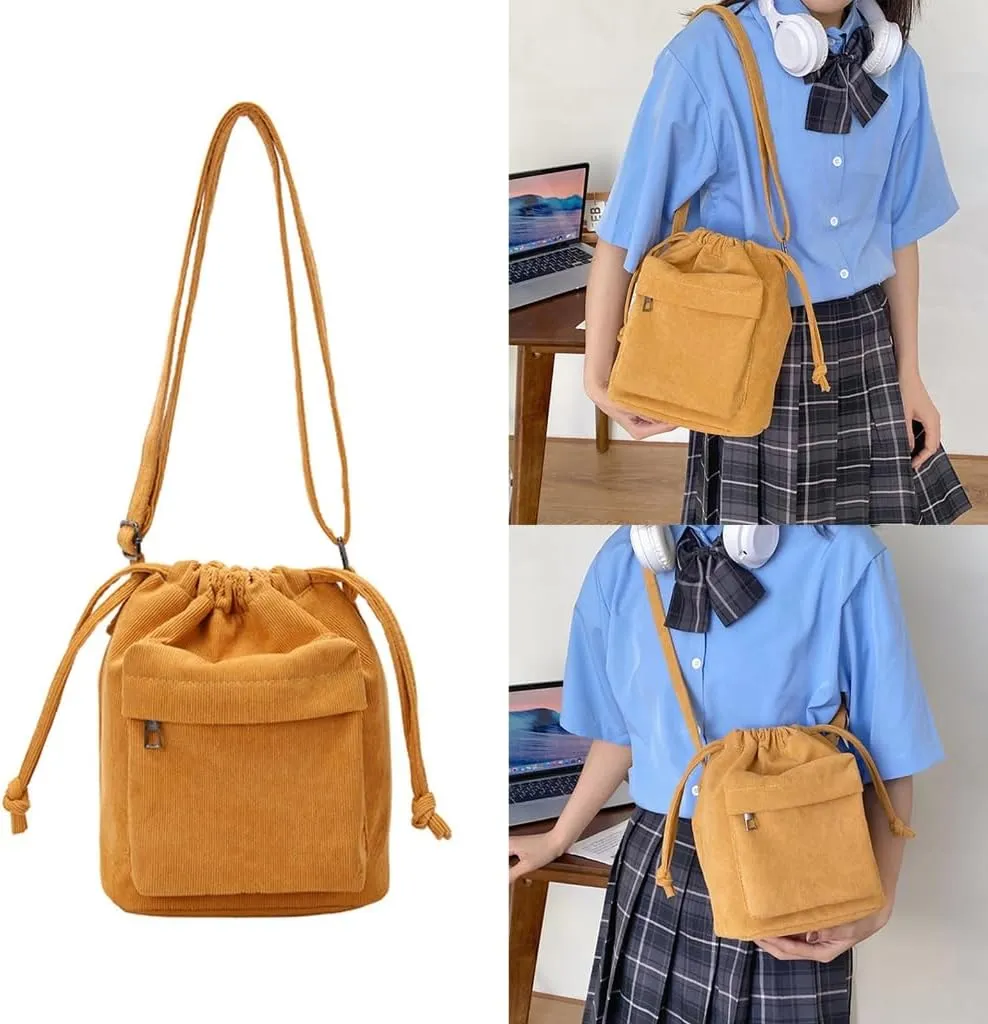 2023 Drawstring Bucket Bags Simple Fashion Bag Crossbody Bag Corduroy Shoulder Bag Versatile Travel Bag for Women Girl
