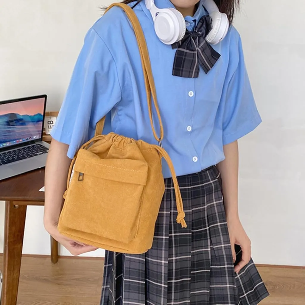 2023 Drawstring Bucket Bags Simple Fashion Bag Crossbody Bag Corduroy Shoulder Bag Versatile Travel Bag for Women Girl