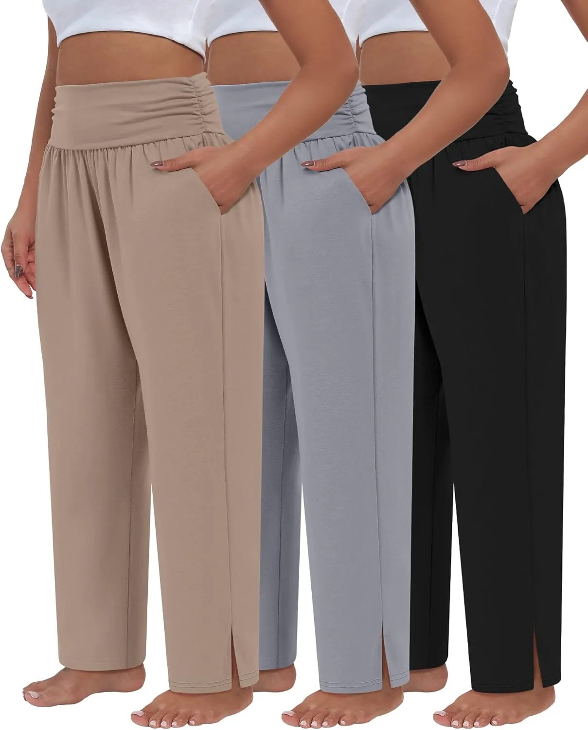 3 Pack Women's Plus Size Pleated Wide Leg Pants, Side Slit Lounge Yoga Pants Casual High Waist Palazzo with Pockets