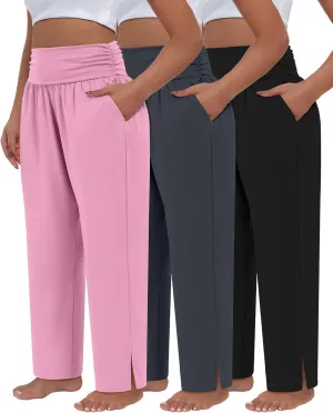 3 Pack Women's Plus Size Pleated Wide Leg Pants, Side Slit Lounge Yoga Pants Casual High Waist Palazzo with Pockets