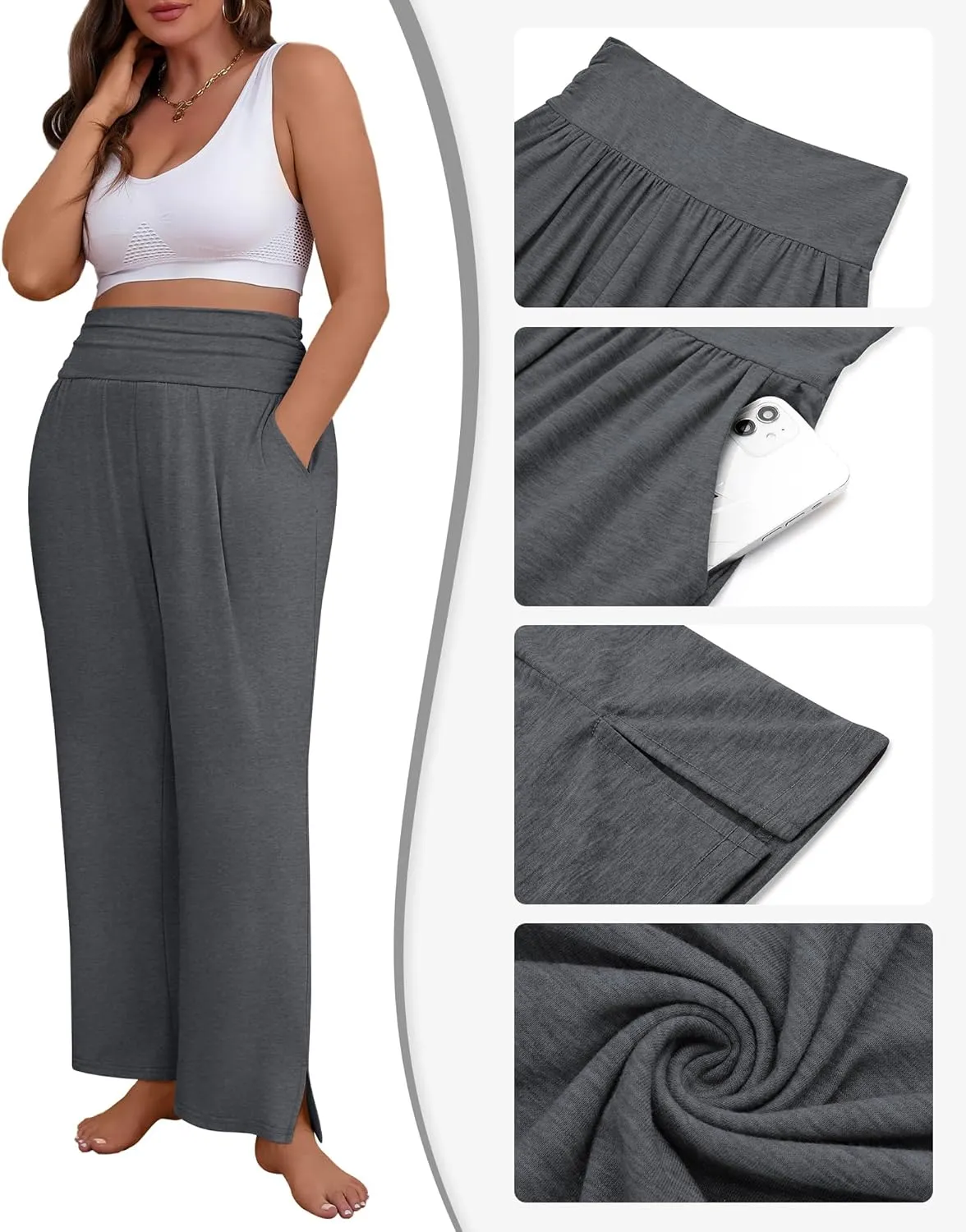 3 Pack Women's Plus Size Pleated Wide Leg Pants, Side Slit Lounge Yoga Pants Casual High Waist Palazzo with Pockets