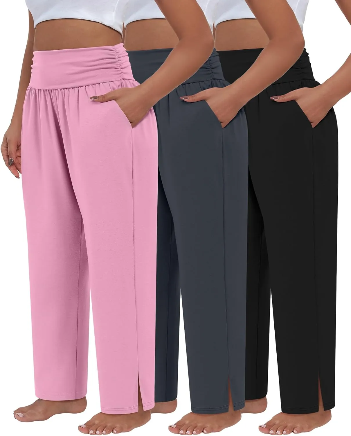 3 Pack Women's Plus Size Pleated Wide Leg Pants, Side Slit Lounge Yoga Pants Casual High Waist Palazzo with Pockets