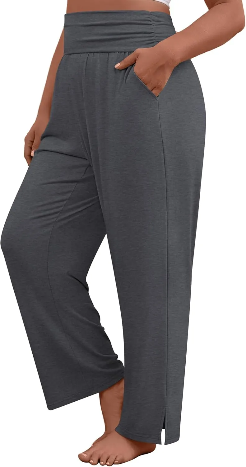 3 Pack Women's Plus Size Pleated Wide Leg Pants, Side Slit Lounge Yoga Pants Casual High Waist Palazzo with Pockets