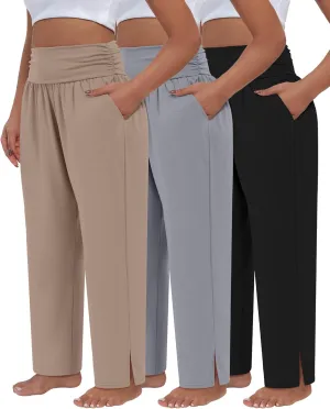 3 Pack Women's Plus Size Pleated Wide Leg Pants, Side Slit Lounge Yoga Pants Casual High Waist Palazzo with Pockets