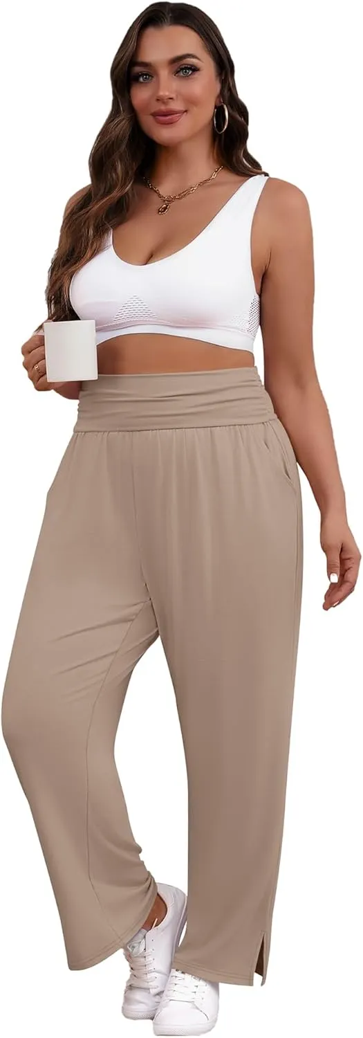 3 Pack Women's Plus Size Pleated Wide Leg Pants, Side Slit Lounge Yoga Pants Casual High Waist Palazzo with Pockets
