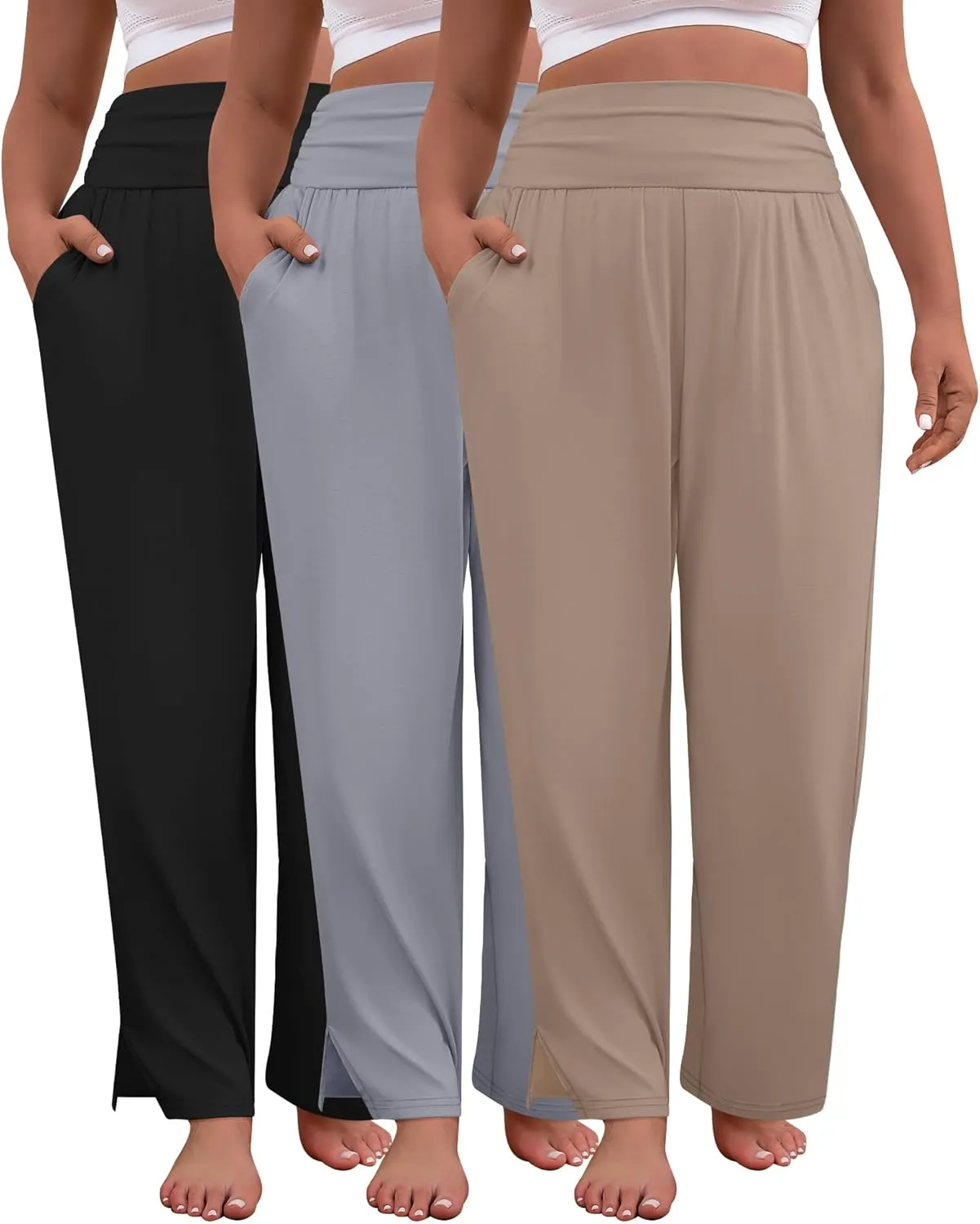 3 Pack Women's Plus Size Pleated Wide Leg Pants, Side Slit Lounge Yoga Pants Casual High Waist Palazzo with Pockets