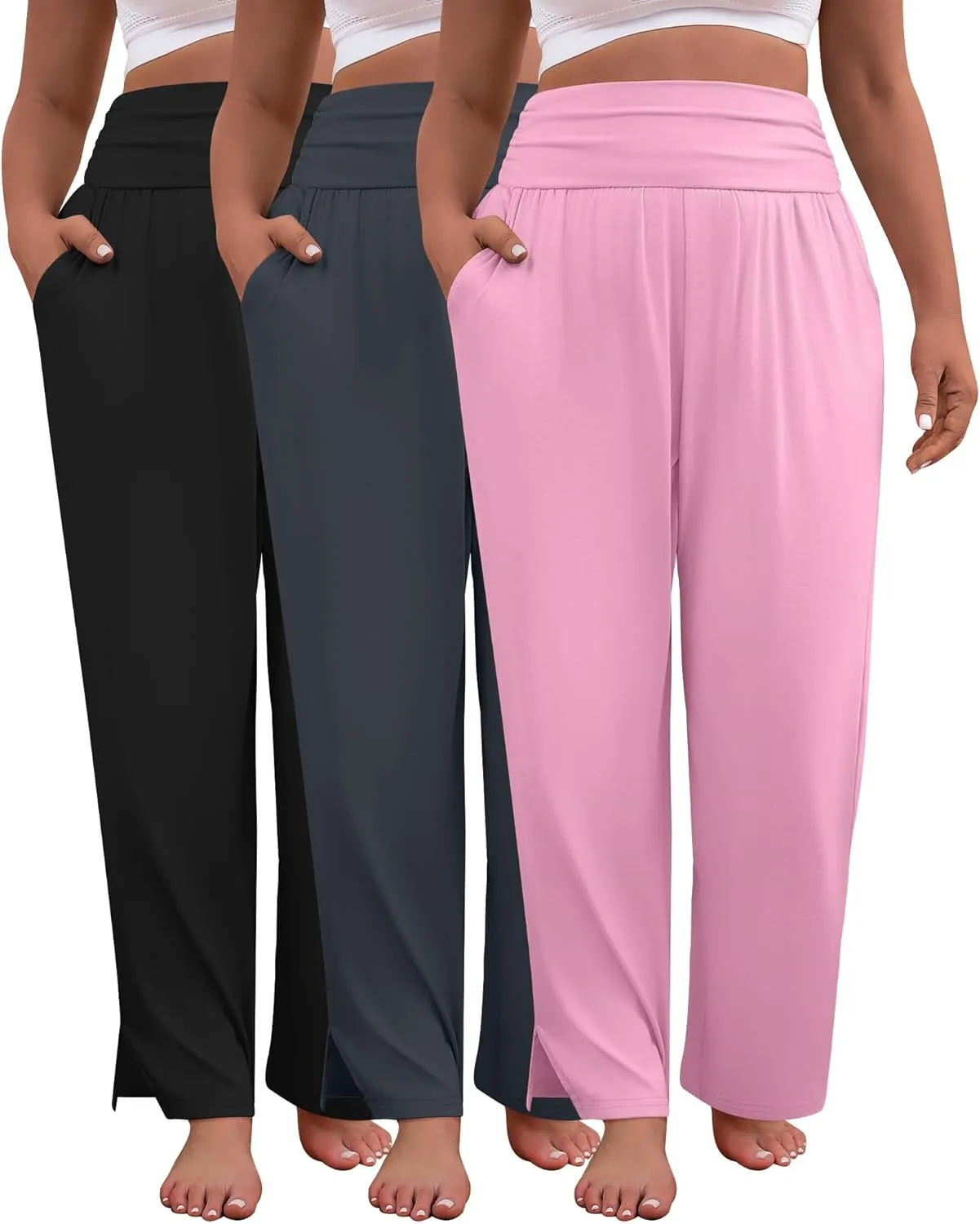3 Pack Women's Plus Size Pleated Wide Leg Pants, Side Slit Lounge Yoga Pants Casual High Waist Palazzo with Pockets