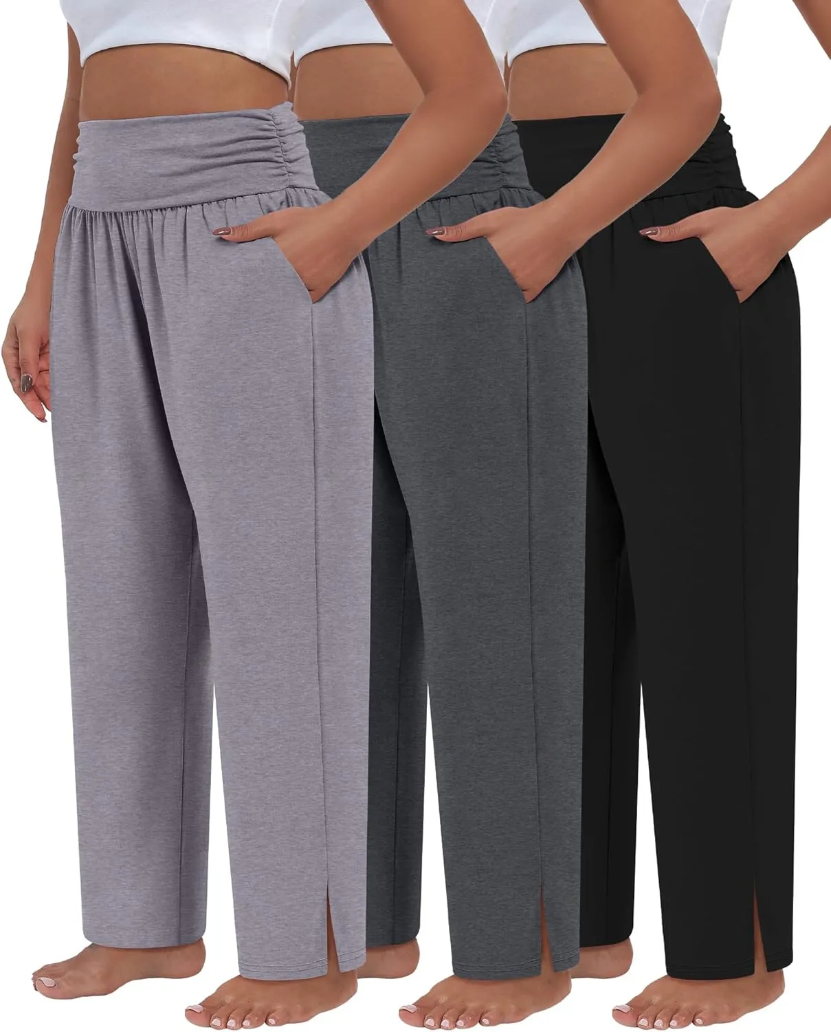 3 Pack Women's Plus Size Pleated Wide Leg Pants, Side Slit Lounge Yoga Pants Casual High Waist Palazzo with Pockets