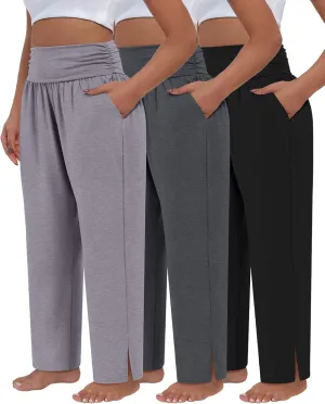 3 Pack Women's Plus Size Pleated Wide Leg Pants, Side Slit Lounge Yoga Pants Casual High Waist Palazzo with Pockets