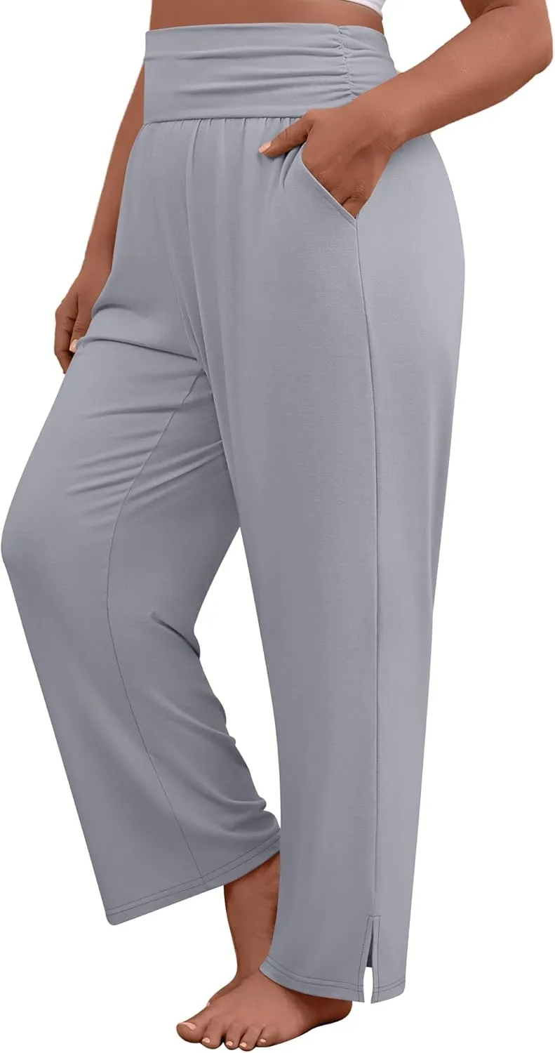 3 Pack Women's Plus Size Pleated Wide Leg Pants, Side Slit Lounge Yoga Pants Casual High Waist Palazzo with Pockets