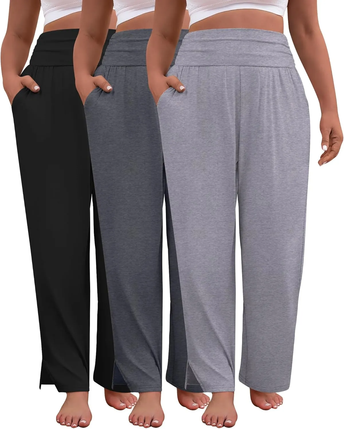3 Pack Women's Plus Size Pleated Wide Leg Pants, Side Slit Lounge Yoga Pants Casual High Waist Palazzo with Pockets