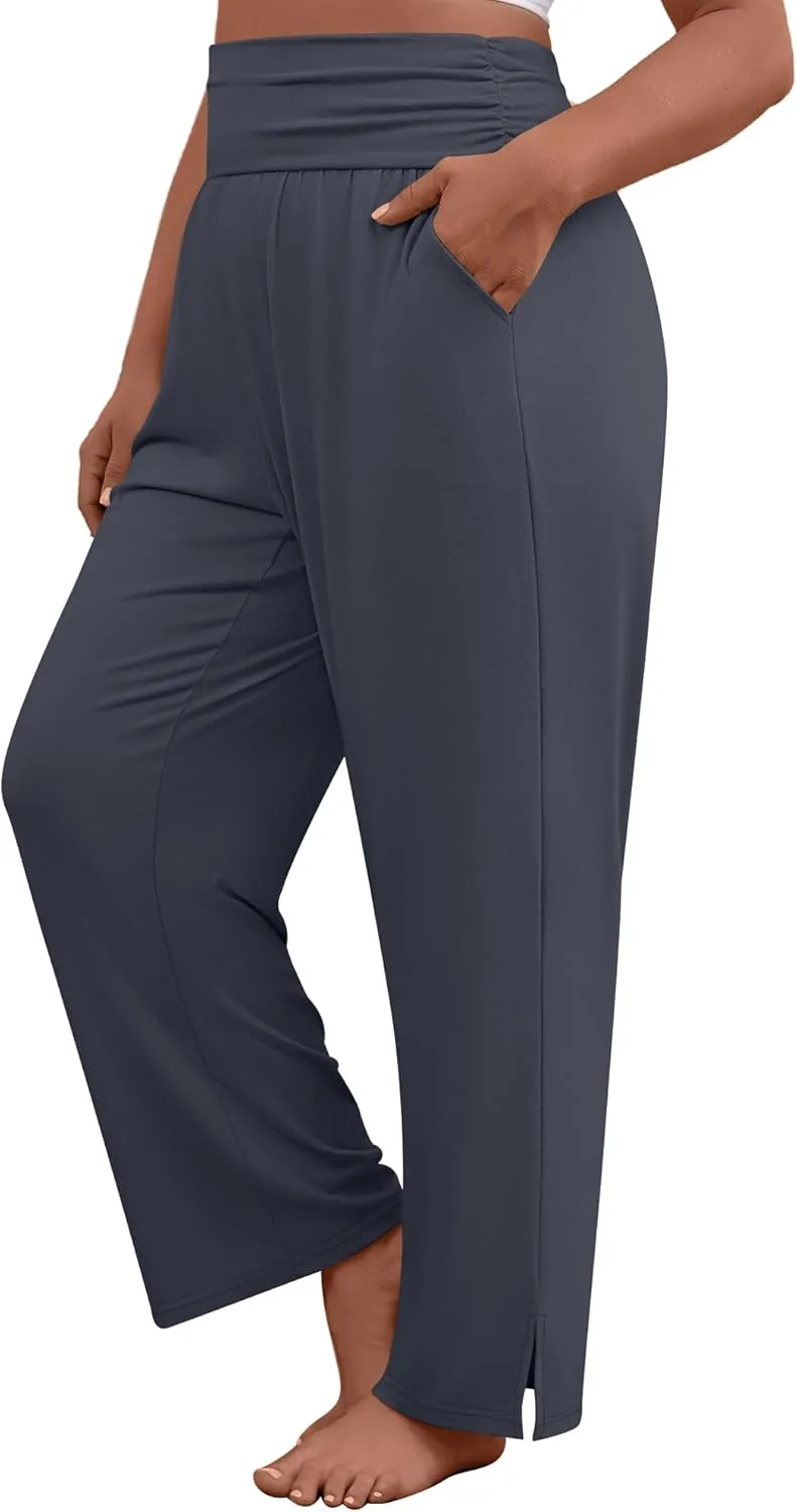 3 Pack Women's Plus Size Pleated Wide Leg Pants, Side Slit Lounge Yoga Pants Casual High Waist Palazzo with Pockets