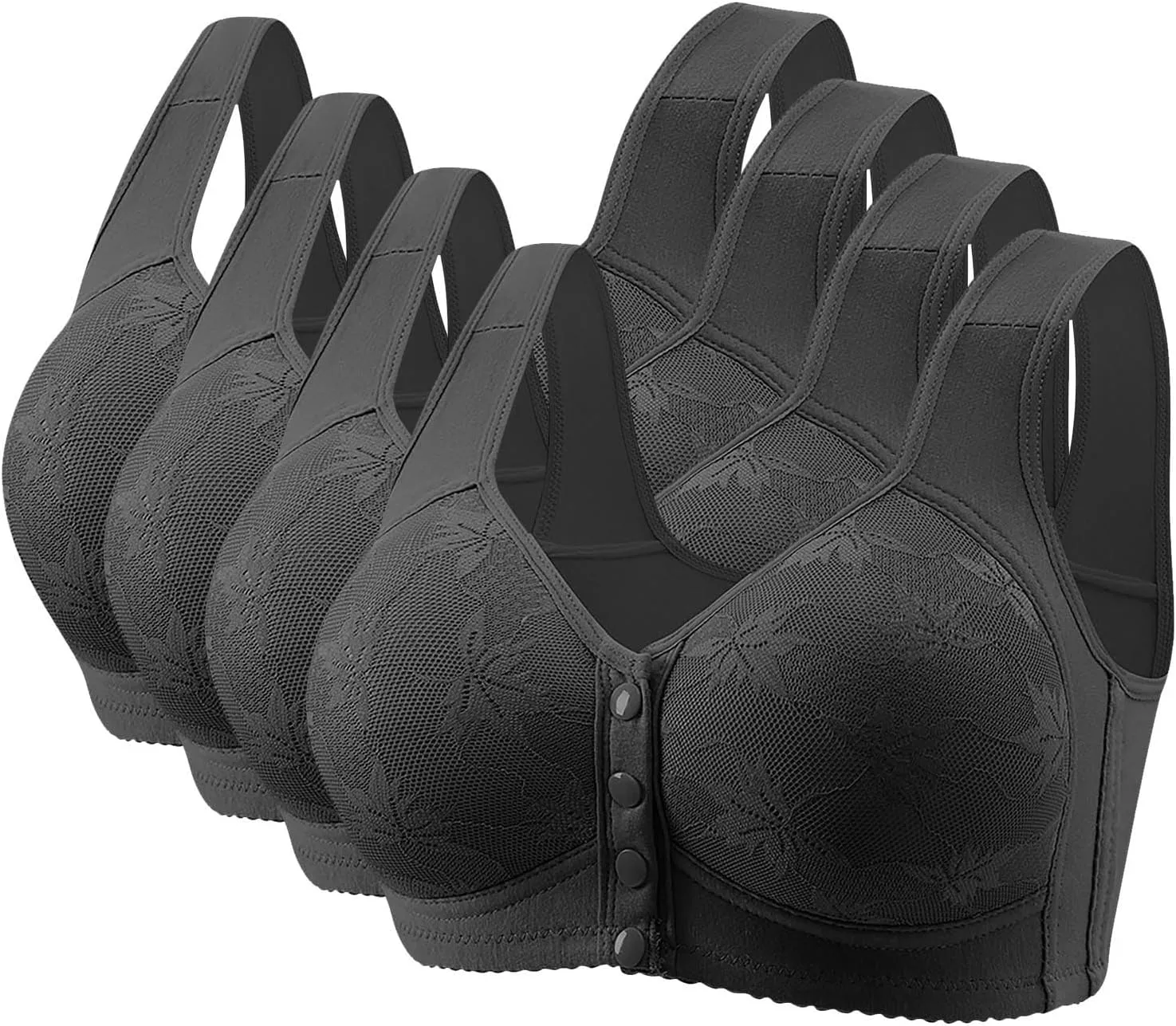 4 Pack Daisy Bras for Older Women No Underwire Full Coverage Front Closure Senior Cotton Bra Push Up Padded Bralettes