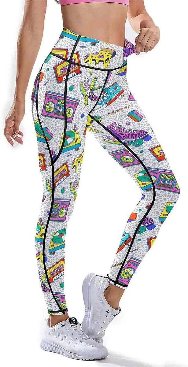 80s 90s Outfit Tummy Control Yoga Pants for Women with Pockets, High Waist Running Sports Workout Yoga Leggings