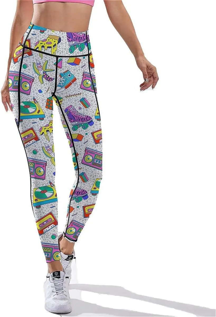 80s 90s Outfit Tummy Control Yoga Pants for Women with Pockets, High Waist Running Sports Workout Yoga Leggings