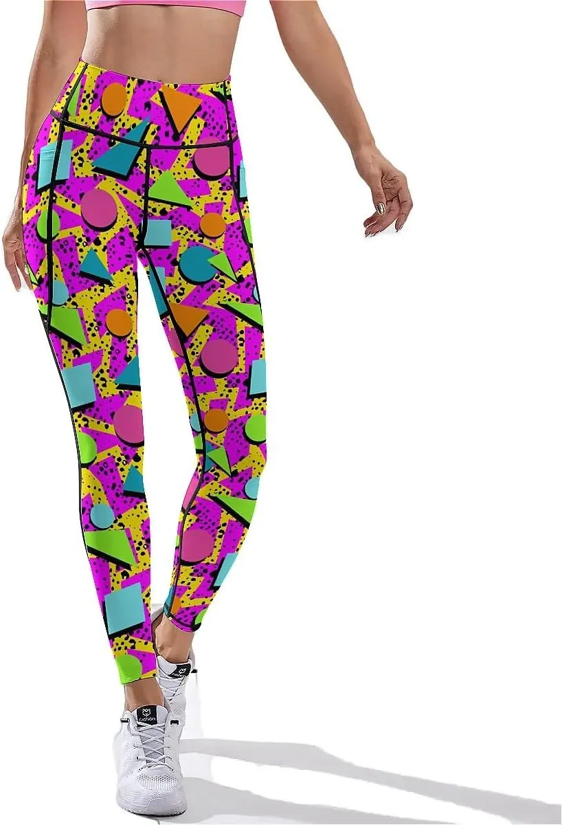 80s 90s Outfit Tummy Control Yoga Pants for Women with Pockets, High Waist Running Sports Workout Yoga Leggings