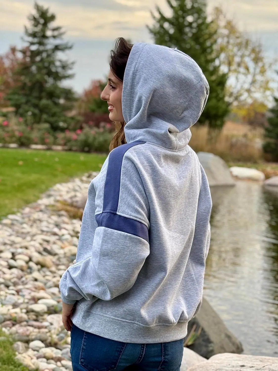 ABOCIW Womens Fleece Oversized Hoodie Sweatshirt Colour Block Panelling Long Sleeve Sweaters Pullover Tops