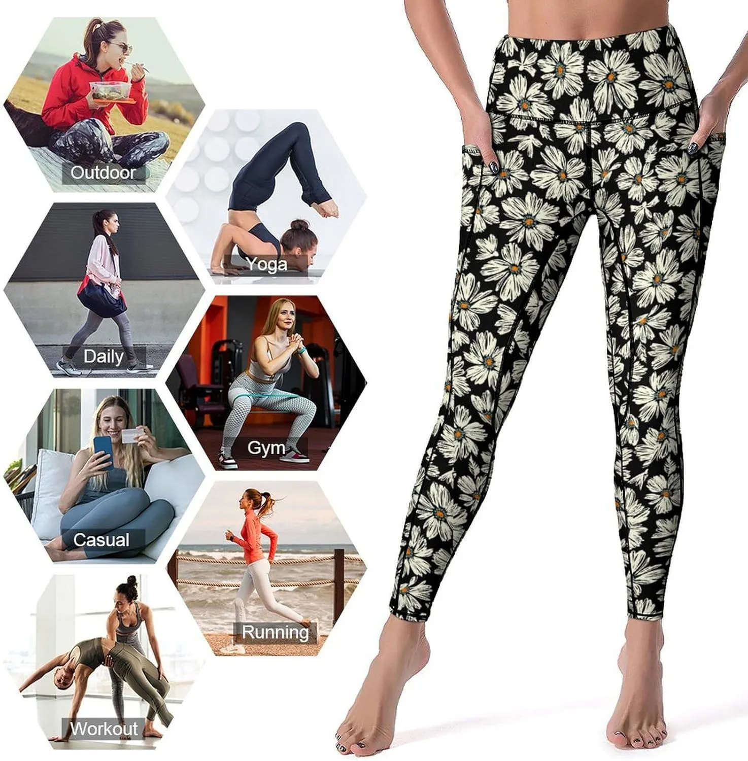 Abstract Flame Yoga Pants High Waist with Pockets Tummy Control Workout Running Leggings for Women