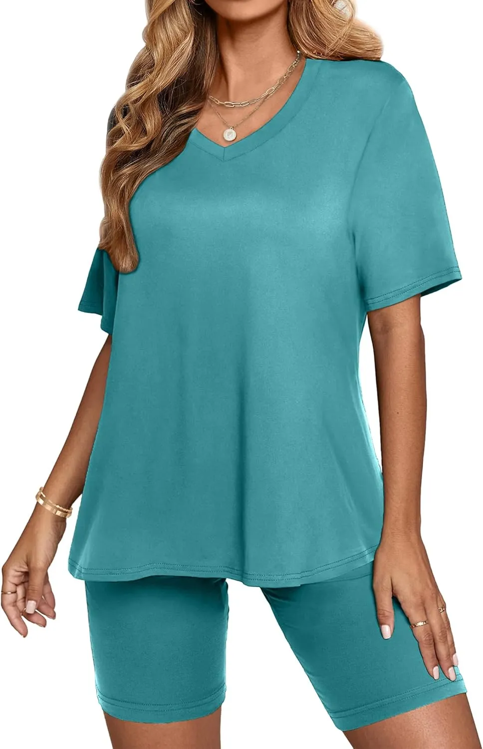 AGSEEM Two Piece Outfits For Women Summer V Neck T-Shirt Tops Biker Shorts Workout Sports Tracksuit
