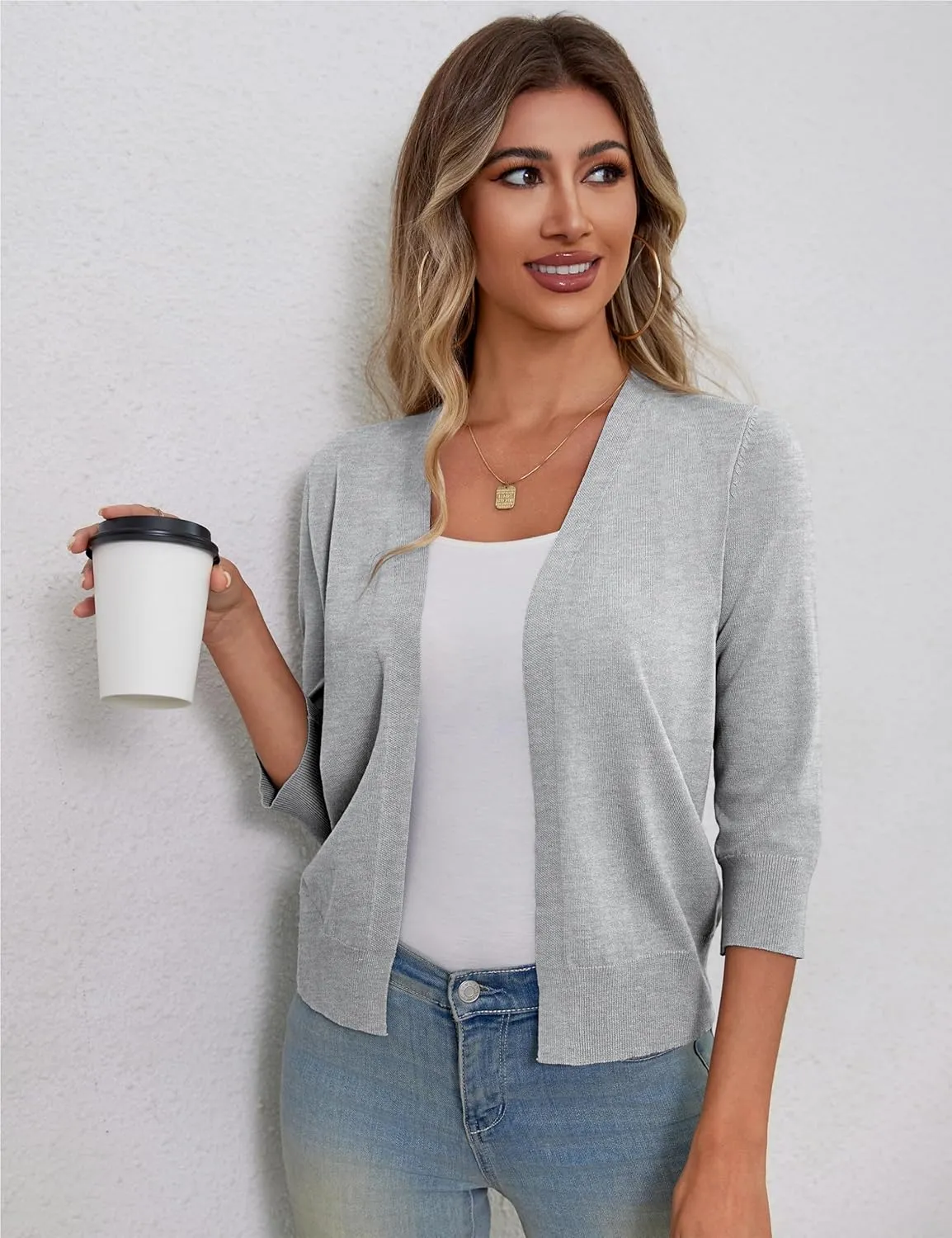 a.Jesdani Women's 3/4 Sleeve Shrugs Open Front Cropped Sweater Cardigan