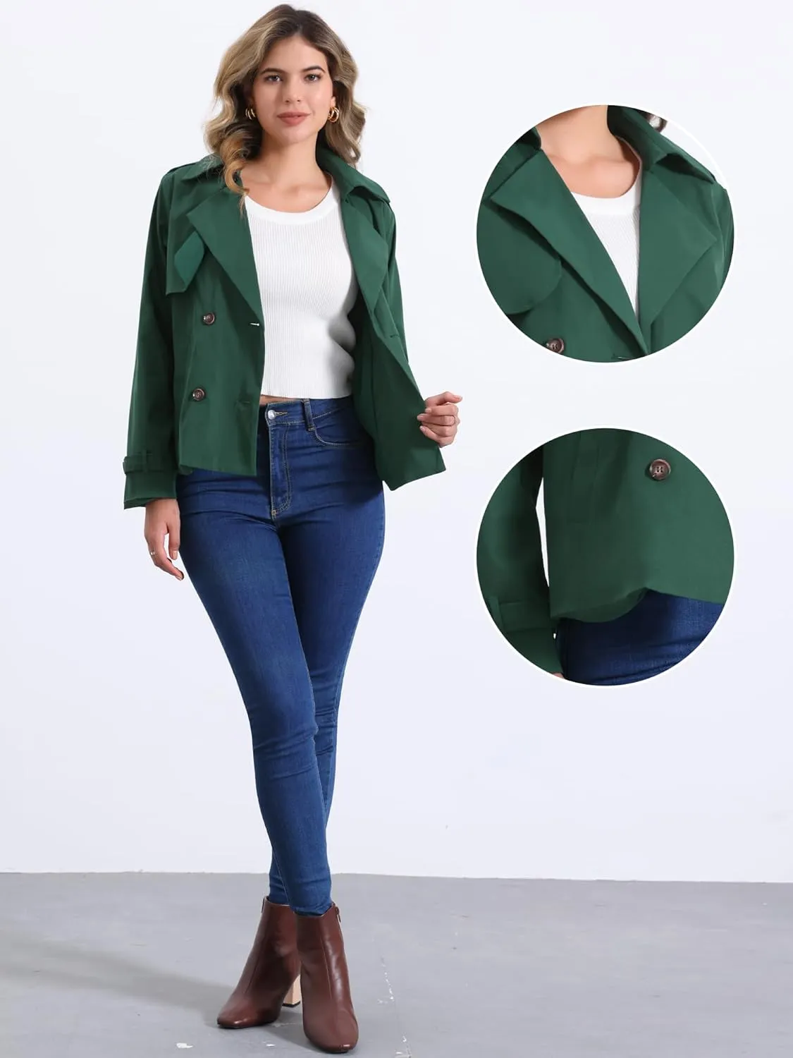 Allegra K Trench Coat for Women's Casual Notched Lapel Double Breasted Outerwear Short Jacket