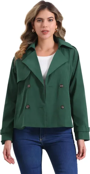 Allegra K Trench Coat for Women's Casual Notched Lapel Double Breasted Outerwear Short Jacket