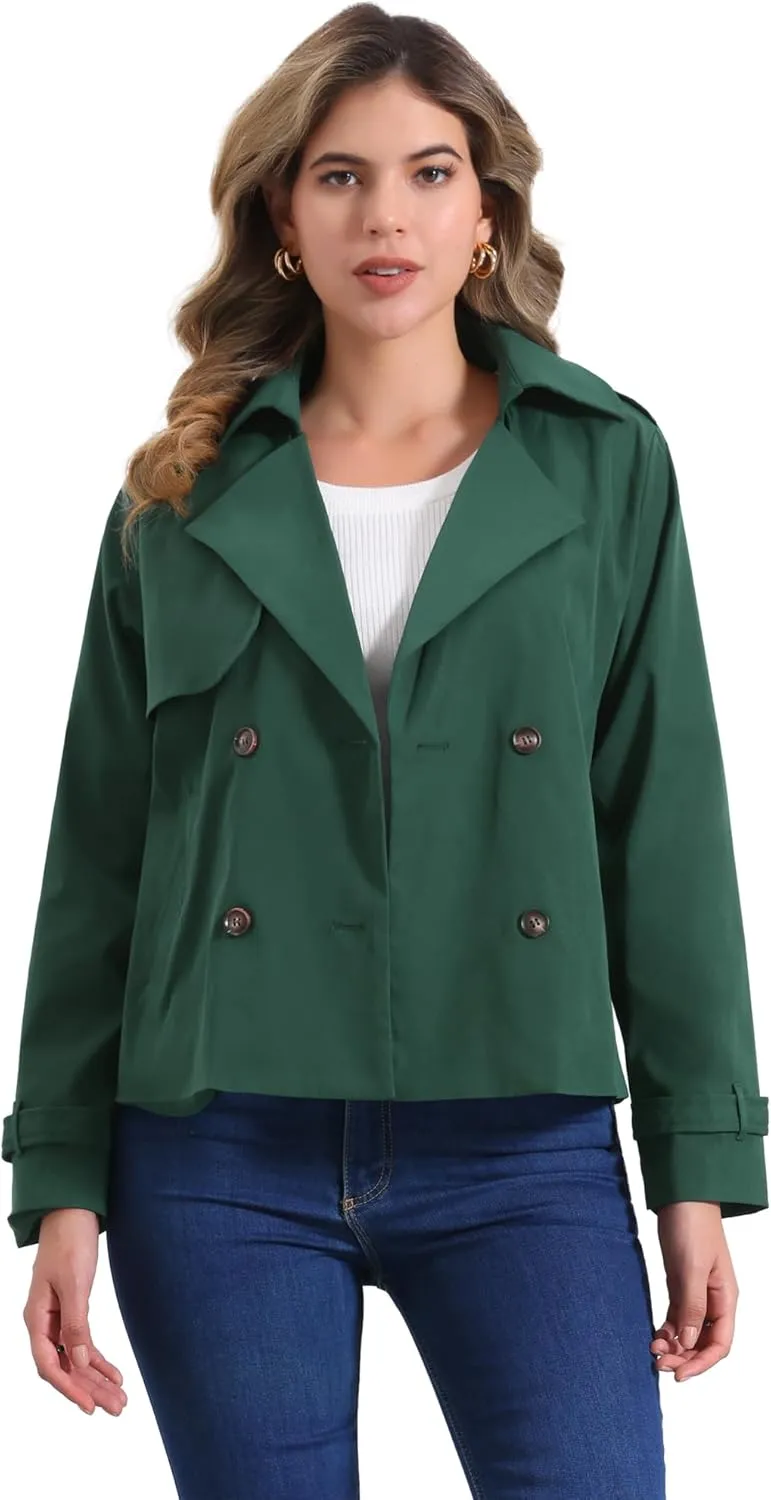 Allegra K Trench Coat for Women's Casual Notched Lapel Double Breasted Outerwear Short Jacket