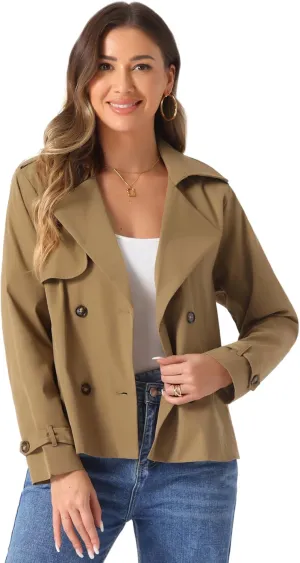 Allegra K Trench Coat for Women's Casual Notched Lapel Double Breasted Outerwear Short Jacket