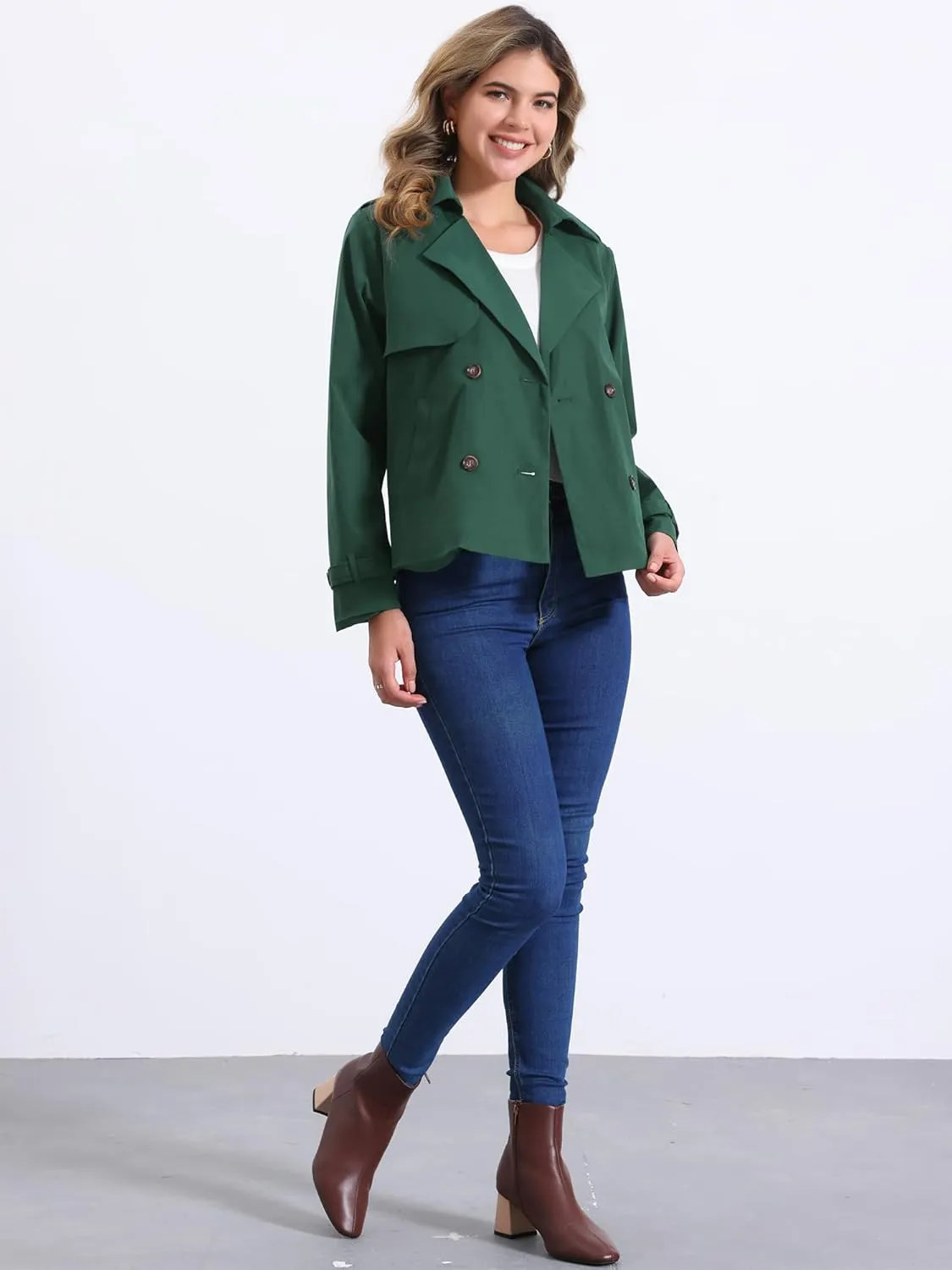 Allegra K Trench Coat for Women's Casual Notched Lapel Double Breasted Outerwear Short Jacket