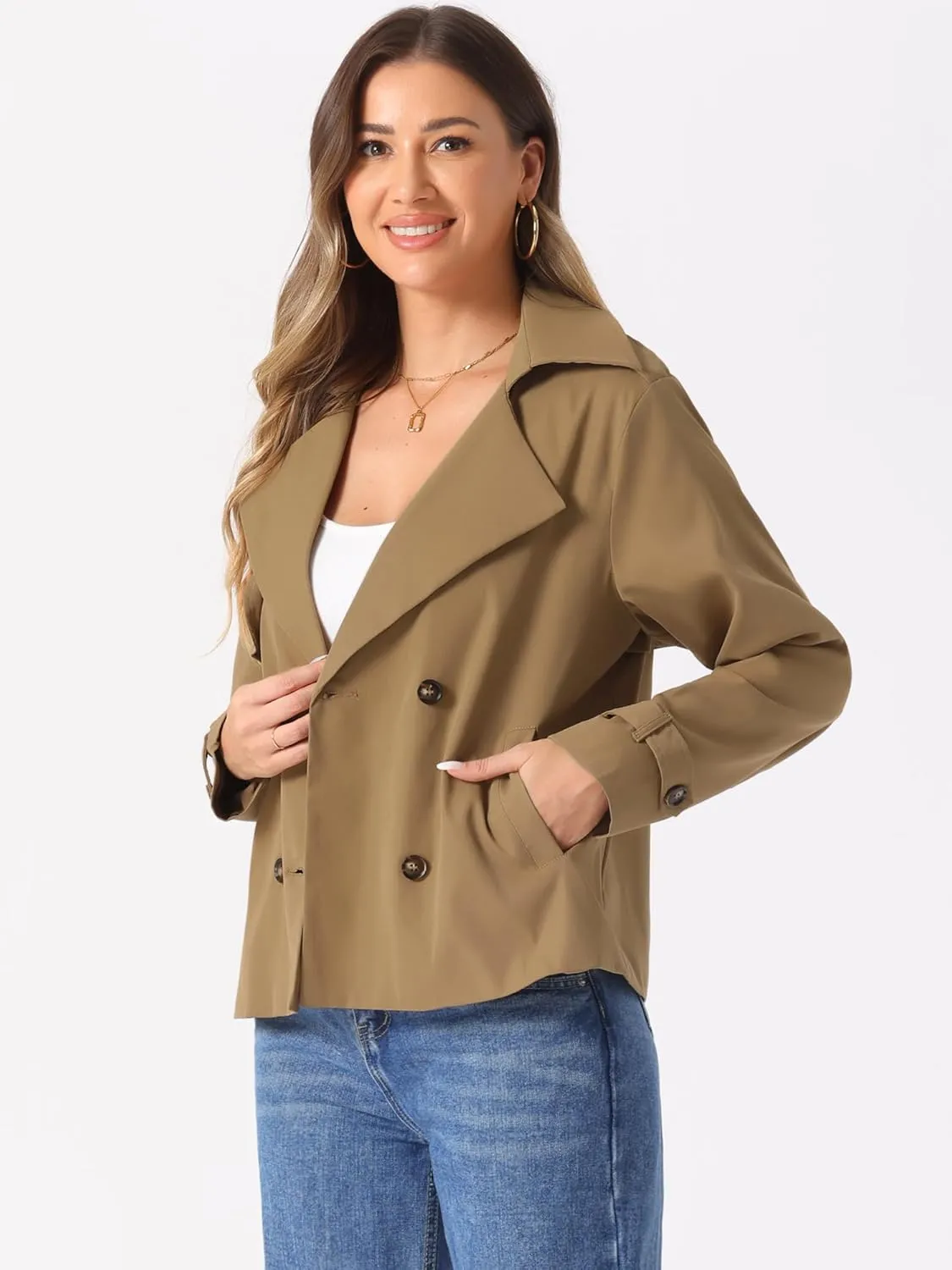 Allegra K Trench Coat for Women's Casual Notched Lapel Double Breasted Outerwear Short Jacket