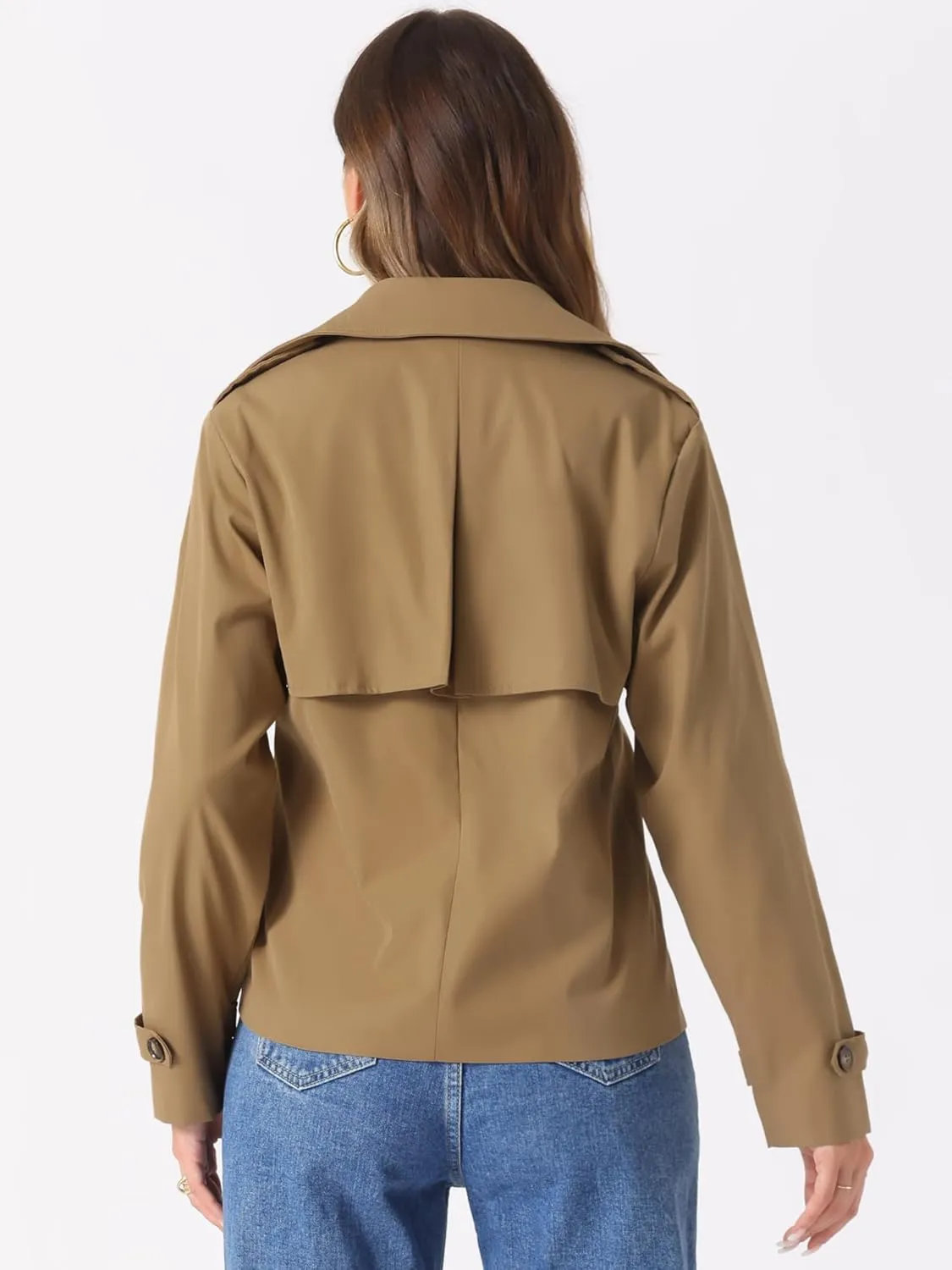 Allegra K Trench Coat for Women's Casual Notched Lapel Double Breasted Outerwear Short Jacket