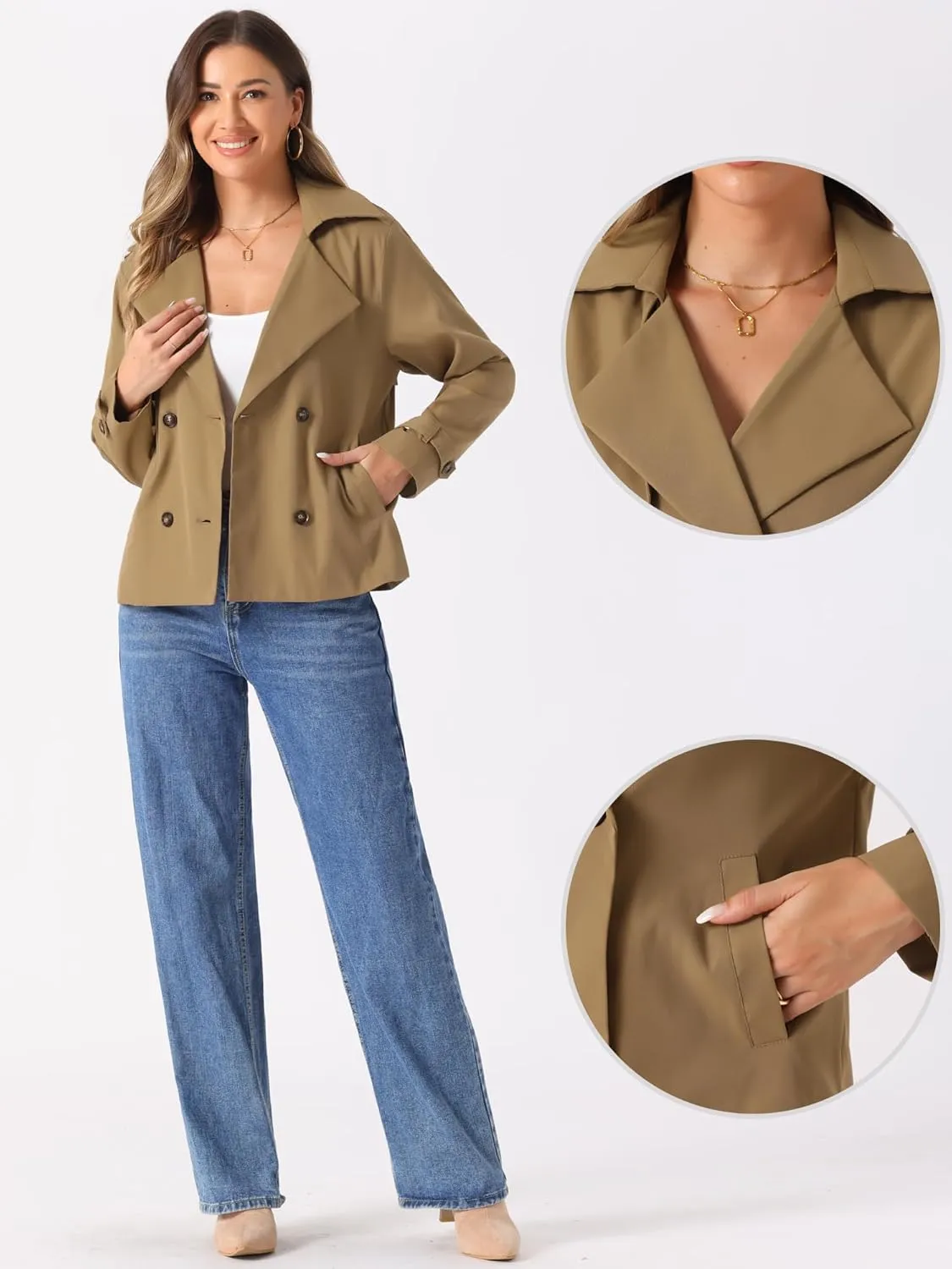 Allegra K Trench Coat for Women's Casual Notched Lapel Double Breasted Outerwear Short Jacket