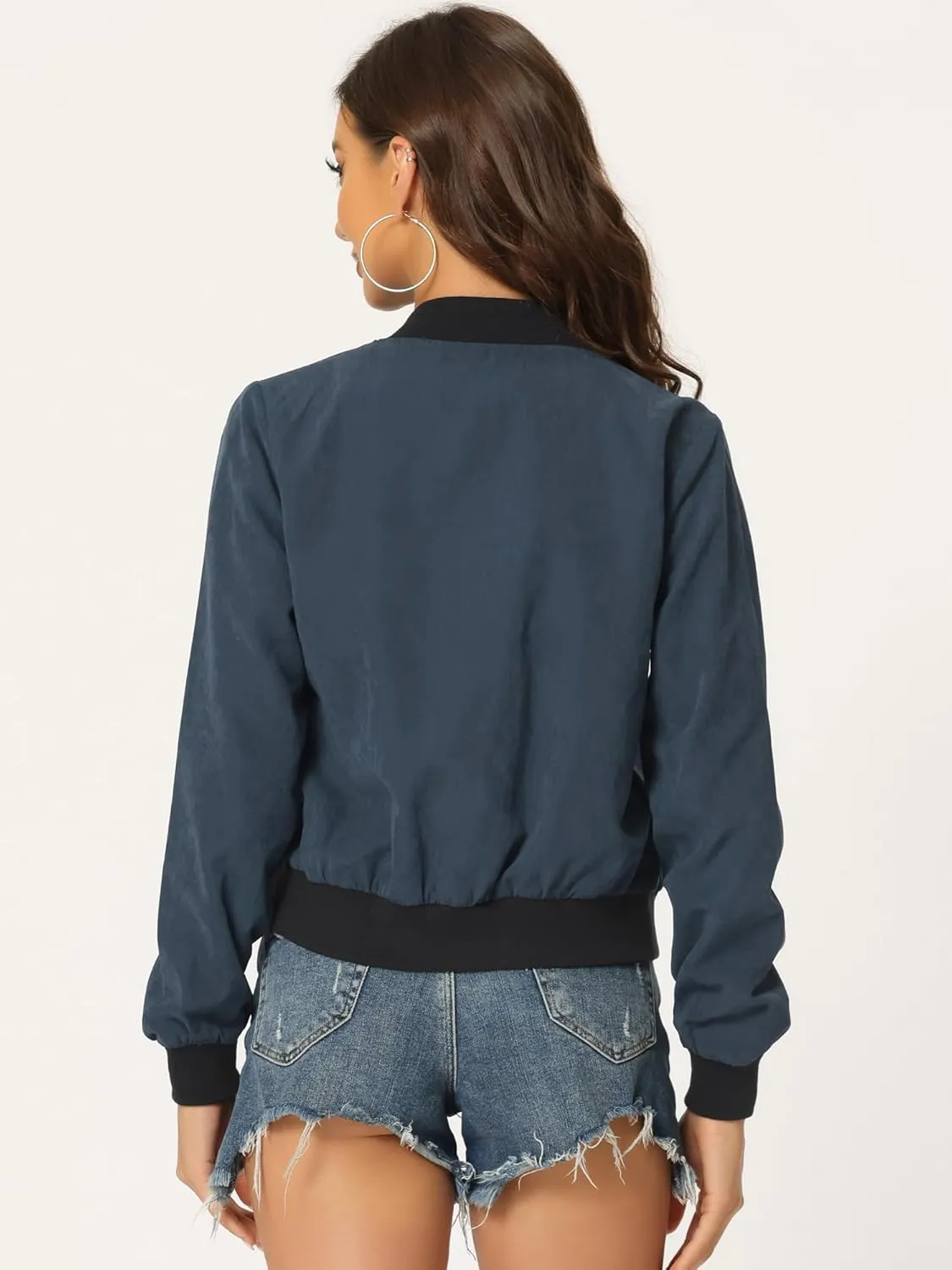 Allegra K Women's Bomber Jacket Long Sleeve Casual Lightweight Zip Up Fall Coat Outerwear Windbreaker