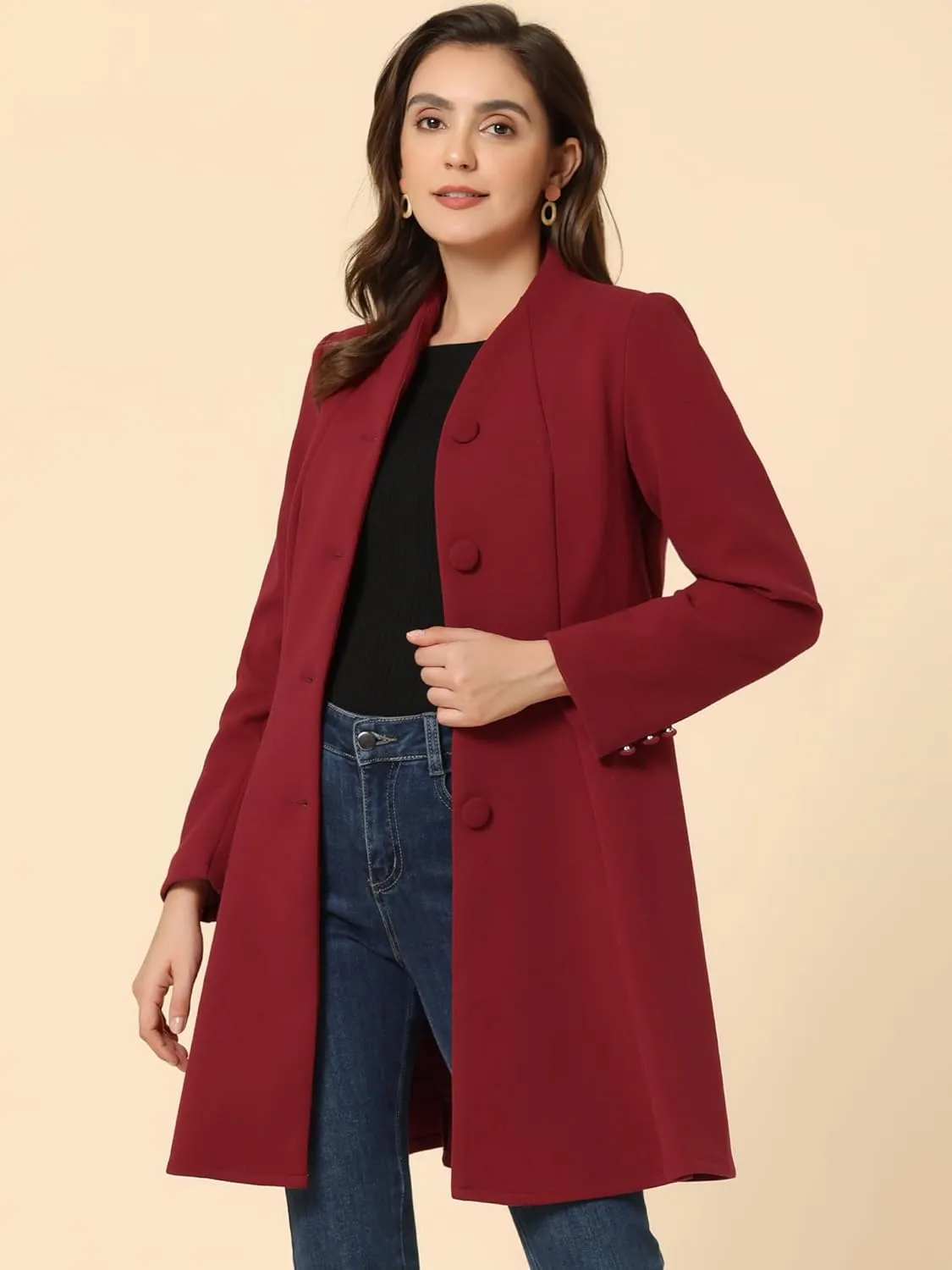 Allegra K Women's Single Breasted Coat A Line Mid-Long Pea Outerwear Winter Coat