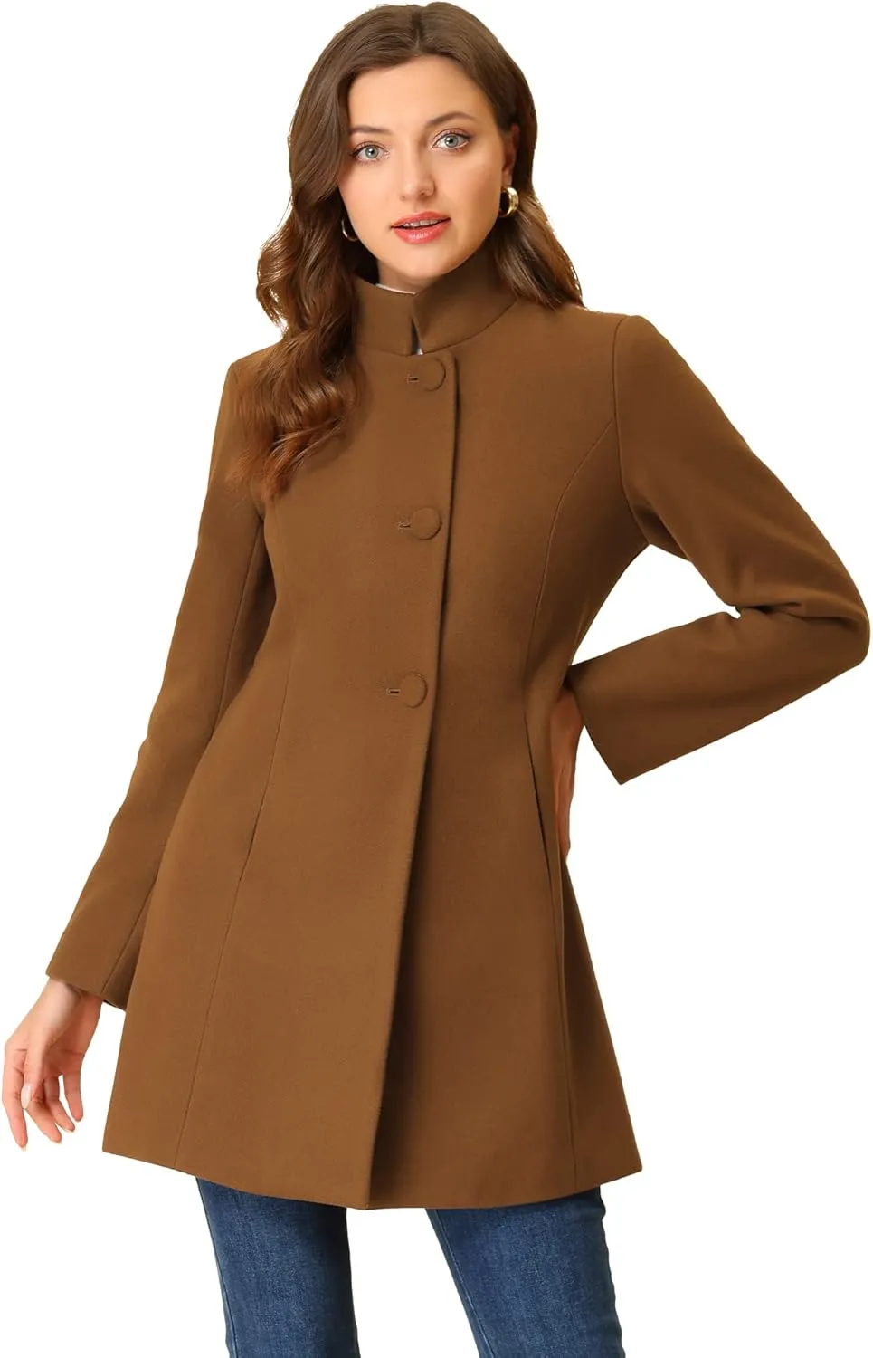 Allegra K Women's Winter Overcoat Mid-Long Stand Collar Single Breasted Coat Outerwear