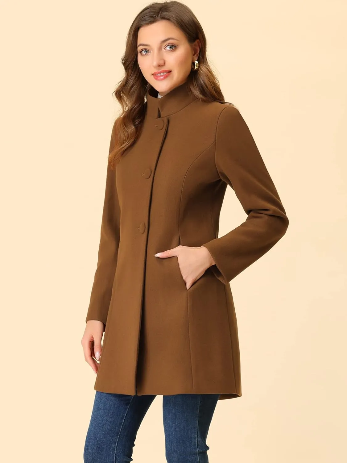 Allegra K Women's Winter Overcoat Mid-Long Stand Collar Single Breasted Coat Outerwear