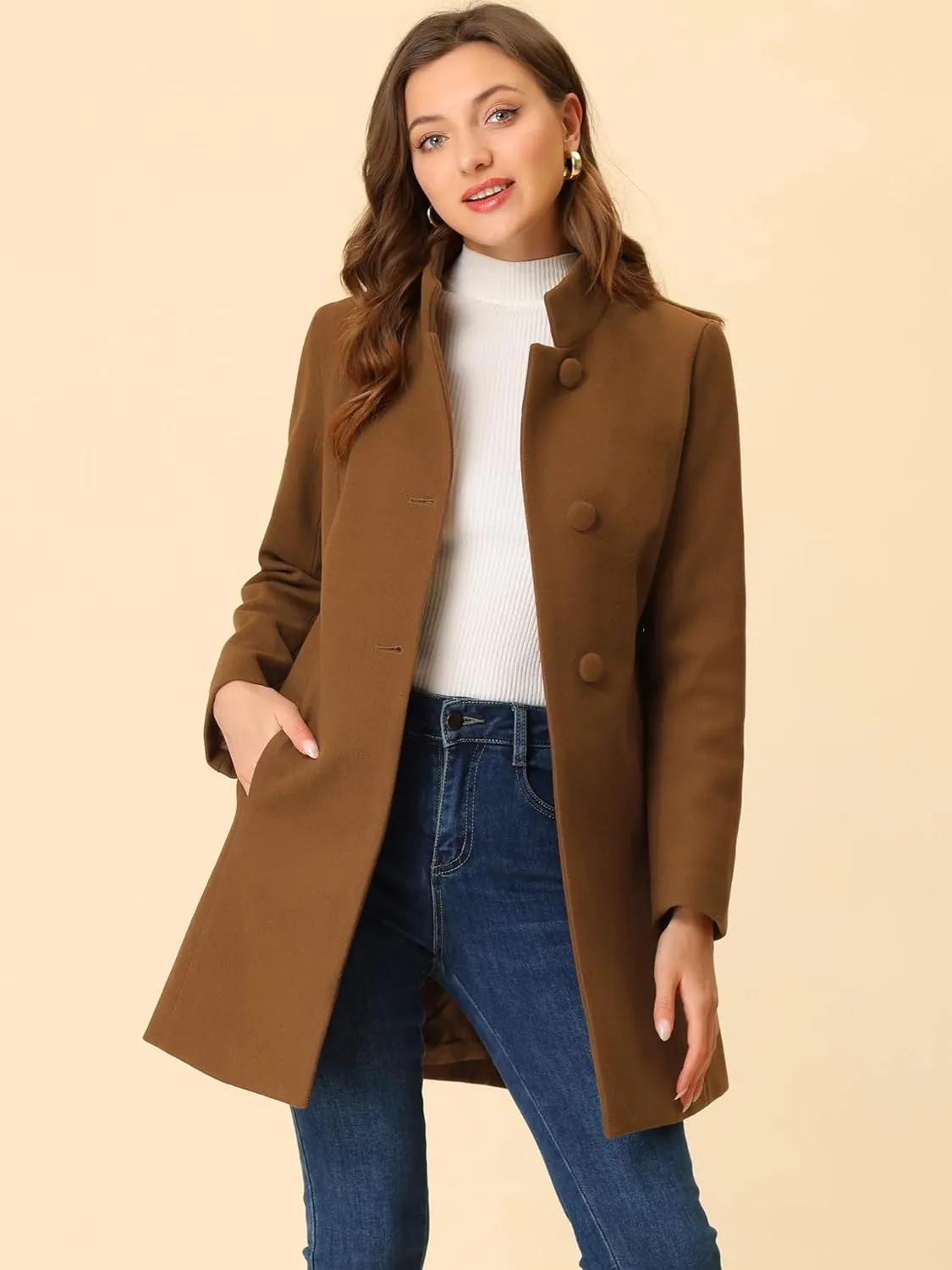 Allegra K Women's Winter Overcoat Mid-Long Stand Collar Single Breasted Coat Outerwear