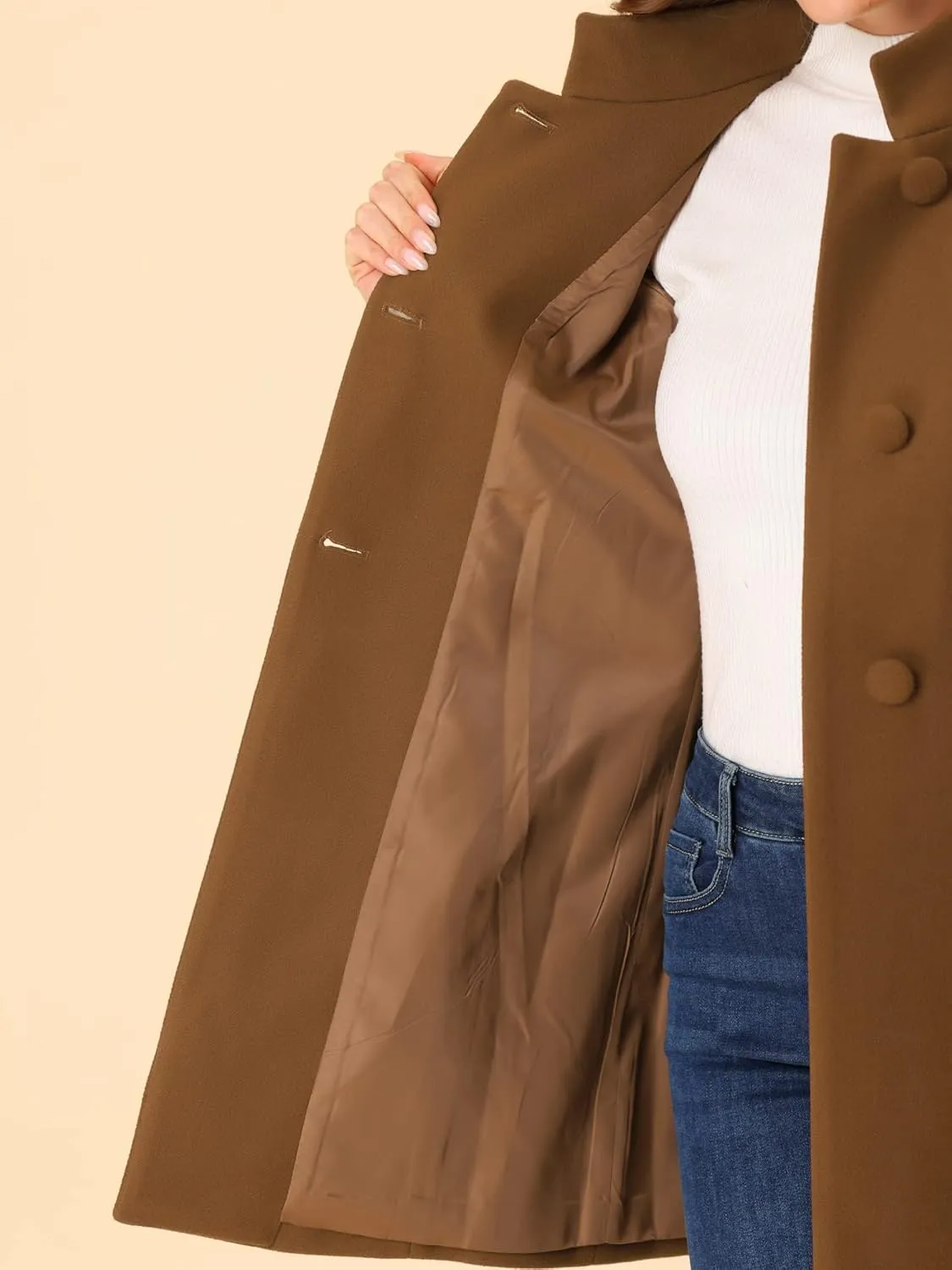 Allegra K Women's Winter Overcoat Mid-Long Stand Collar Single Breasted Coat Outerwear