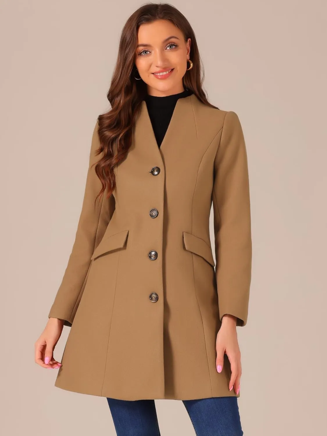 Allegra K Women's Winter Overcoat Pea Coat Elegant V Neck Single Breasted Coat Outerwear