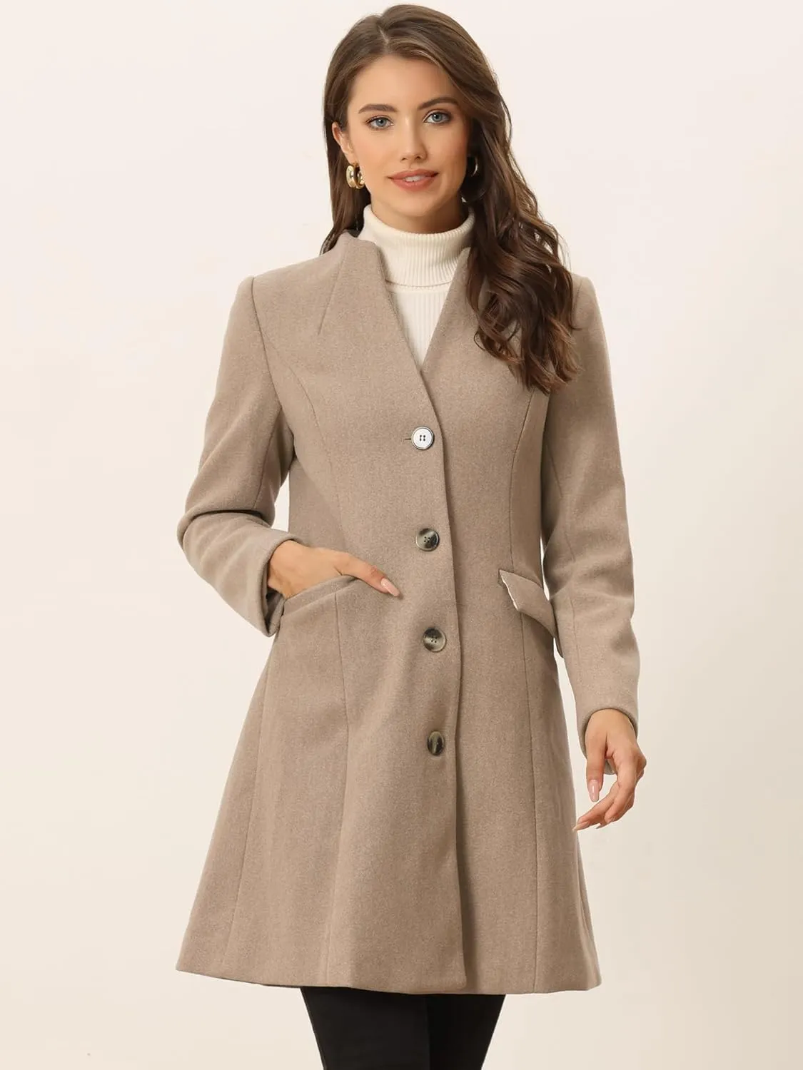 Allegra K Women's Winter Overcoat Pea Coat Elegant V Neck Single Breasted Coat Outerwear