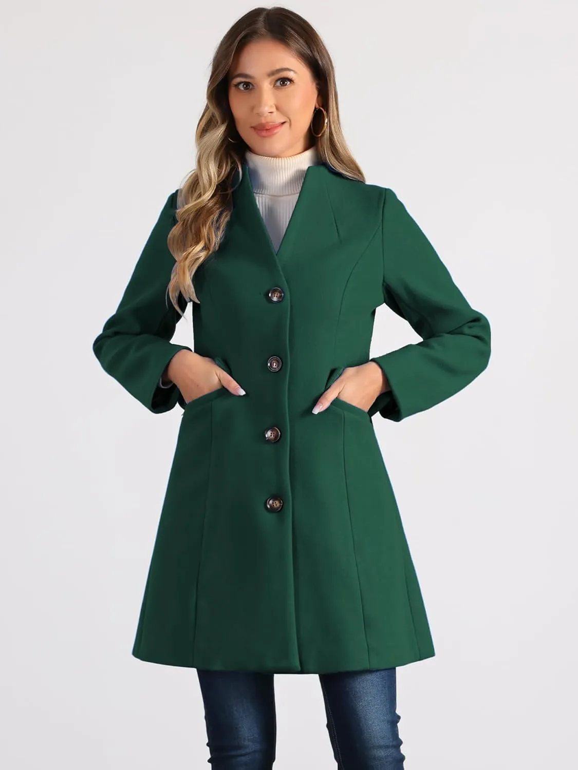 Allegra K Women's Winter Overcoat Pea Coat Elegant V Neck Single Breasted Coat Outerwear