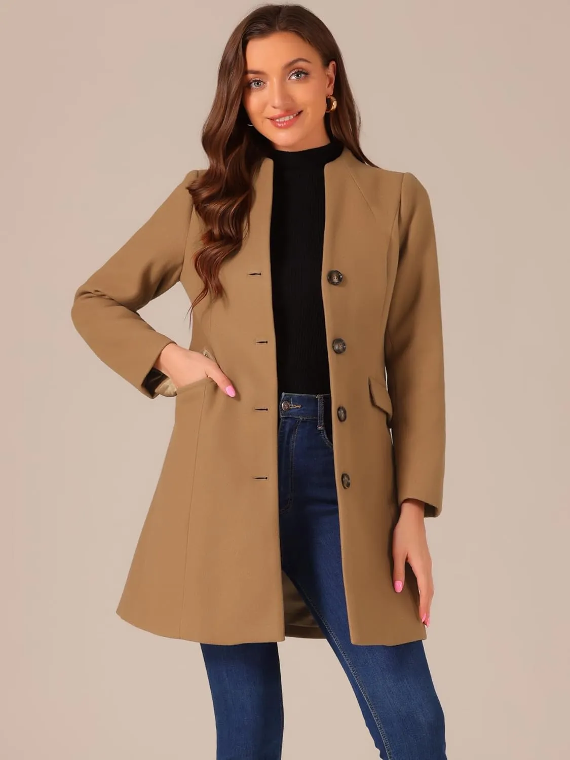 Allegra K Women's Winter Overcoat Pea Coat Elegant V Neck Single Breasted Coat Outerwear