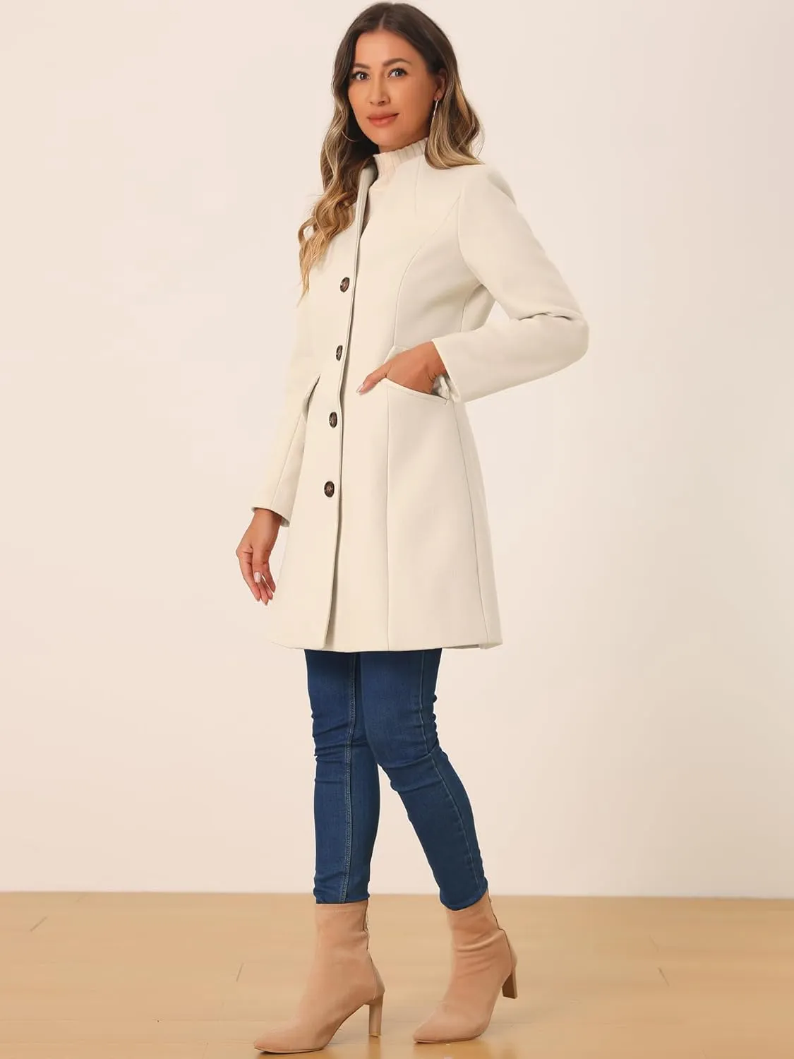Allegra K Women's Winter Overcoat Pea Coat Elegant V Neck Single Breasted Coat Outerwear