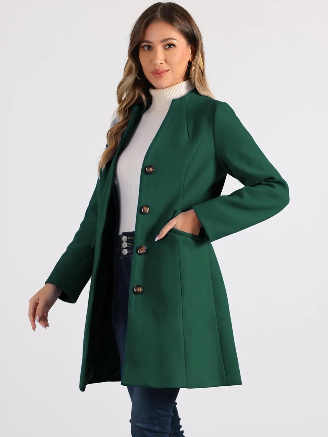 Allegra K Women's Winter Overcoat Pea Coat Elegant V Neck Single Breasted Coat Outerwear