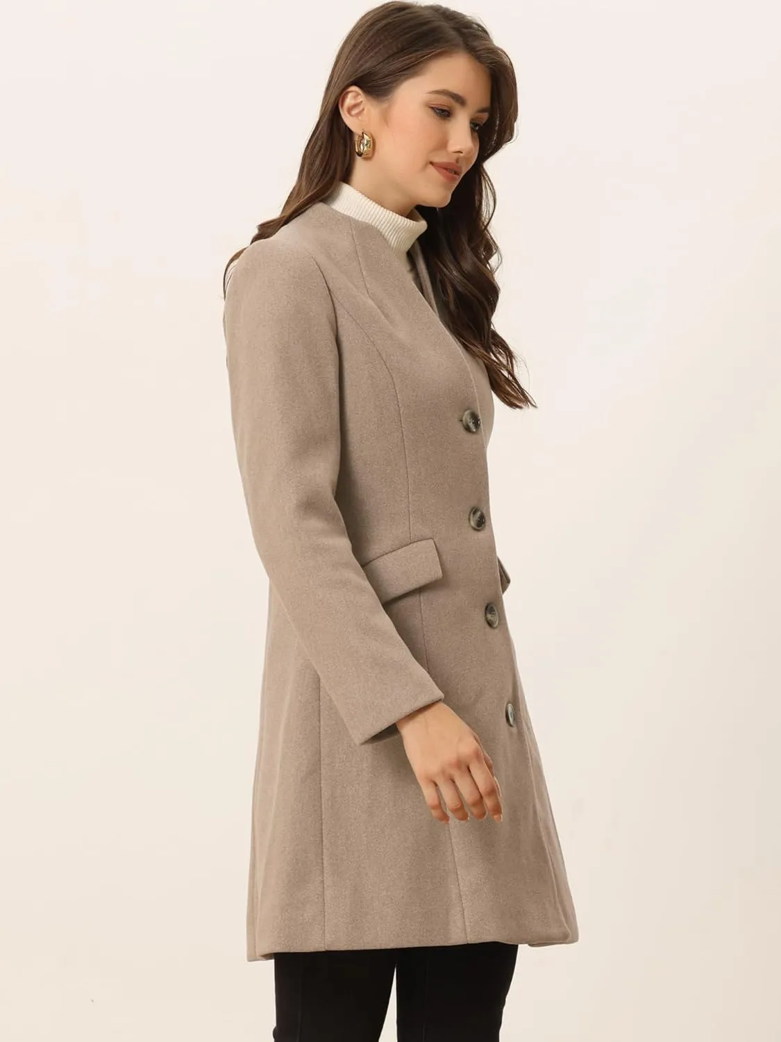 Allegra K Women's Winter Overcoat Pea Coat Elegant V Neck Single Breasted Coat Outerwear