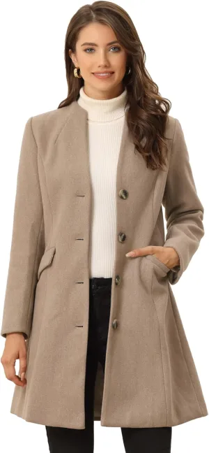 Allegra K Women's Winter Overcoat Pea Coat Elegant V Neck Single Breasted Coat Outerwear