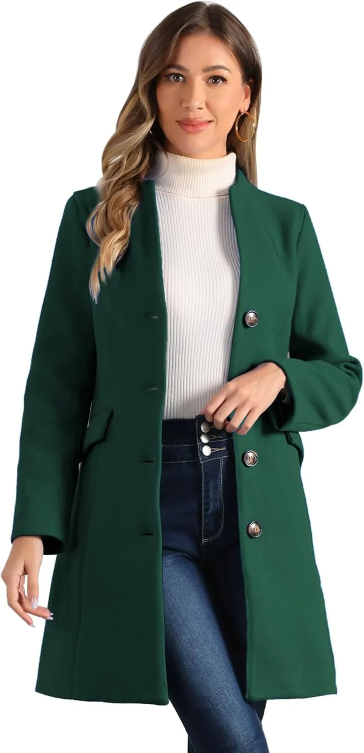 Allegra K Women's Winter Overcoat Pea Coat Elegant V Neck Single Breasted Coat Outerwear
